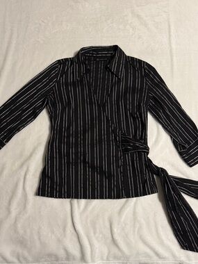 INC International Concepts Black and White Striped Wrap Button-Down